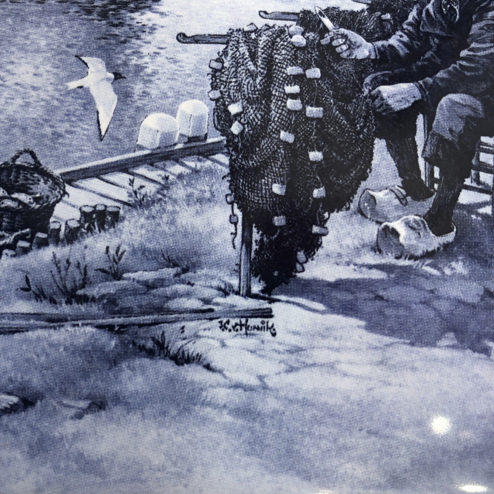 Royal MOSA Holland Vintage Tile Delft Fisherman Mends Net Sailboats Seagulls