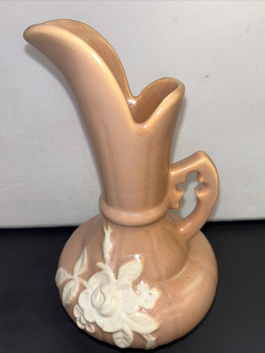 Weller Pottery Art Deco Peach Pitcher/Vase, White Rose Pattern w/handle 1930's 