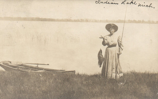  Vintage Real Photo woman Fishing Fish Indian Lake Michigan Postcard