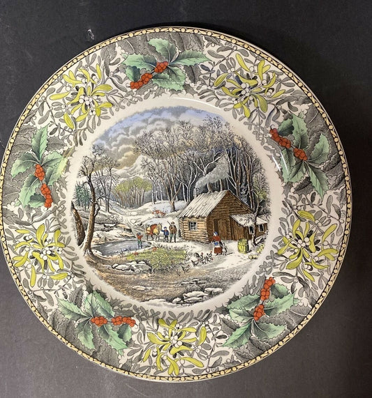  10.5" Scarce Adams Currier Winter Scenes A Home in the Wilderness PLATE pottery