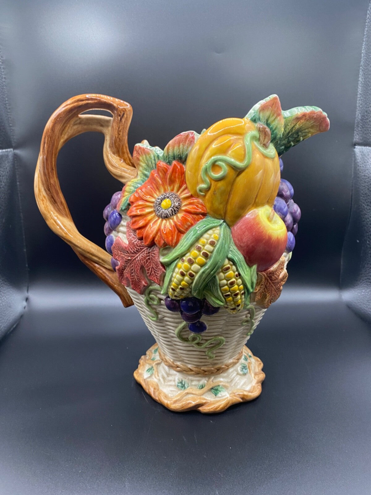 Vintage Fitz And Floyd Harvest Fall Ceramic Pumpkin Grapes Leaf Pitcher 1997