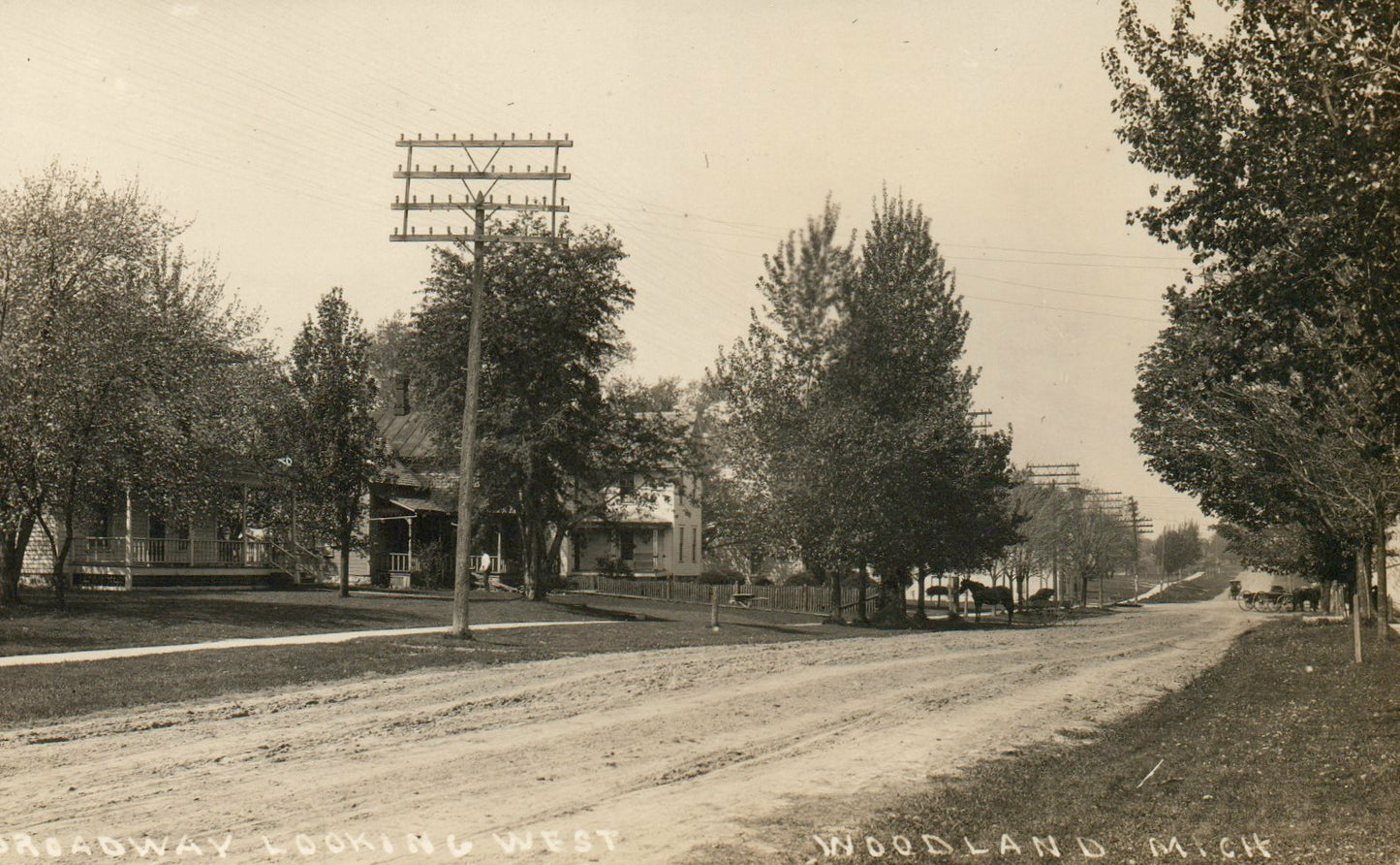 Real Photo Broadway Looking West Woodland Michigan MI Postcard