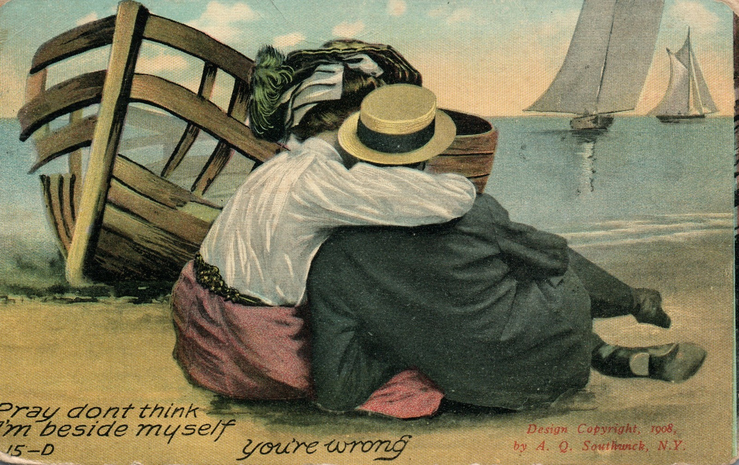 1909 Couple sailboats beach water Romantic Romance Postcard