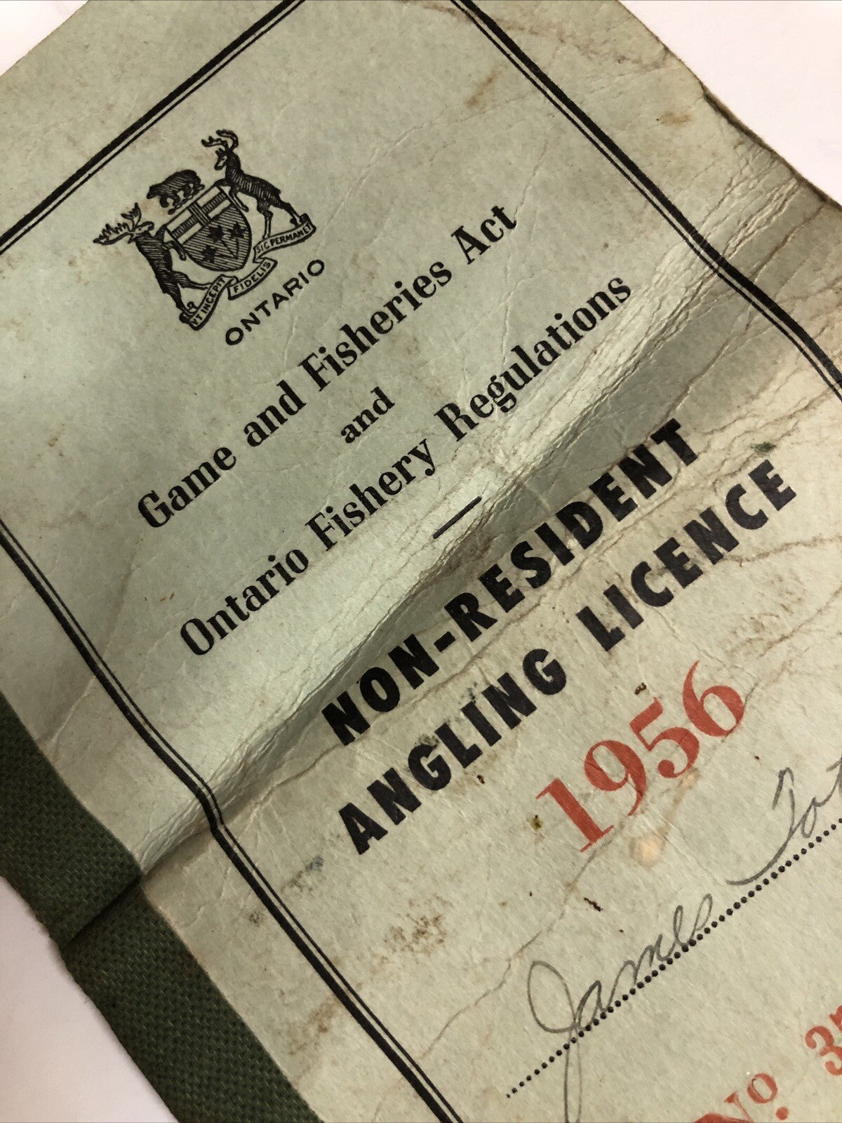 1956 Ontario Non Resident Angling Fishing License with Shipping Slips # 370031