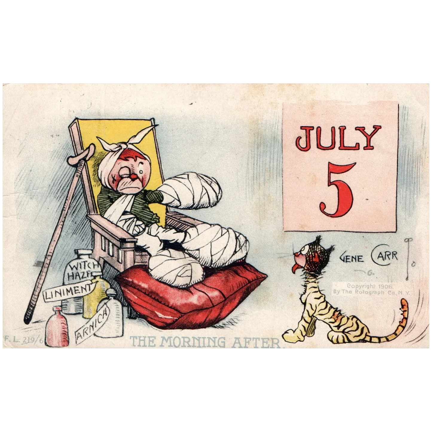 July 5th "The Morning After" Little Boy Bandaged Vintage Patriotic Postcard