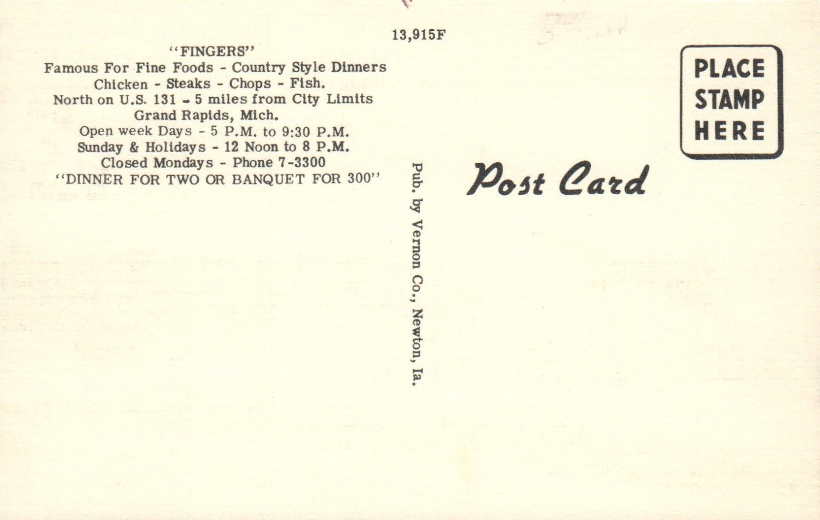 "Fingers" Famous for Fine Food, Grand Rapids MI Postcard