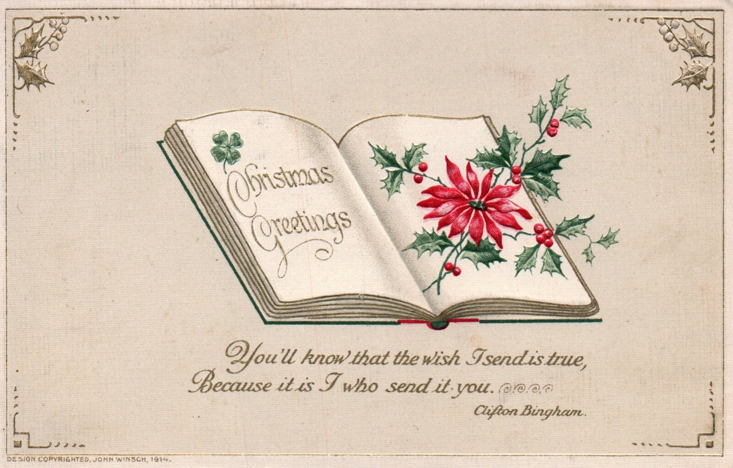 John Winsch Christmas Greetings Vintage Poinsettia Postcard