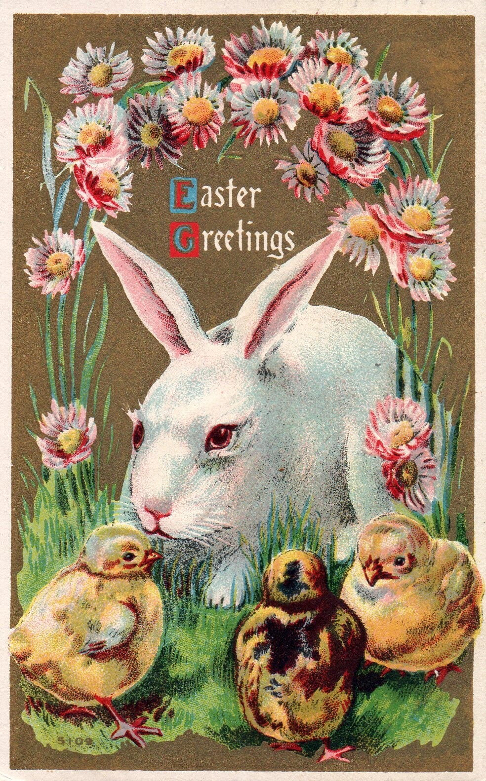 Easter Greetings Bunny with Chicks & Flowers Cute Vintage Easter Postcard