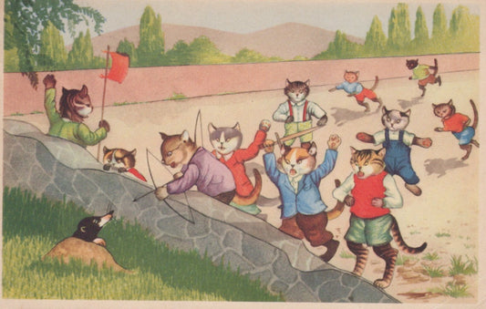 Angry Mob Gang of Cats Attack Mole with Bow Arrow Sword Knife Humor Postcard