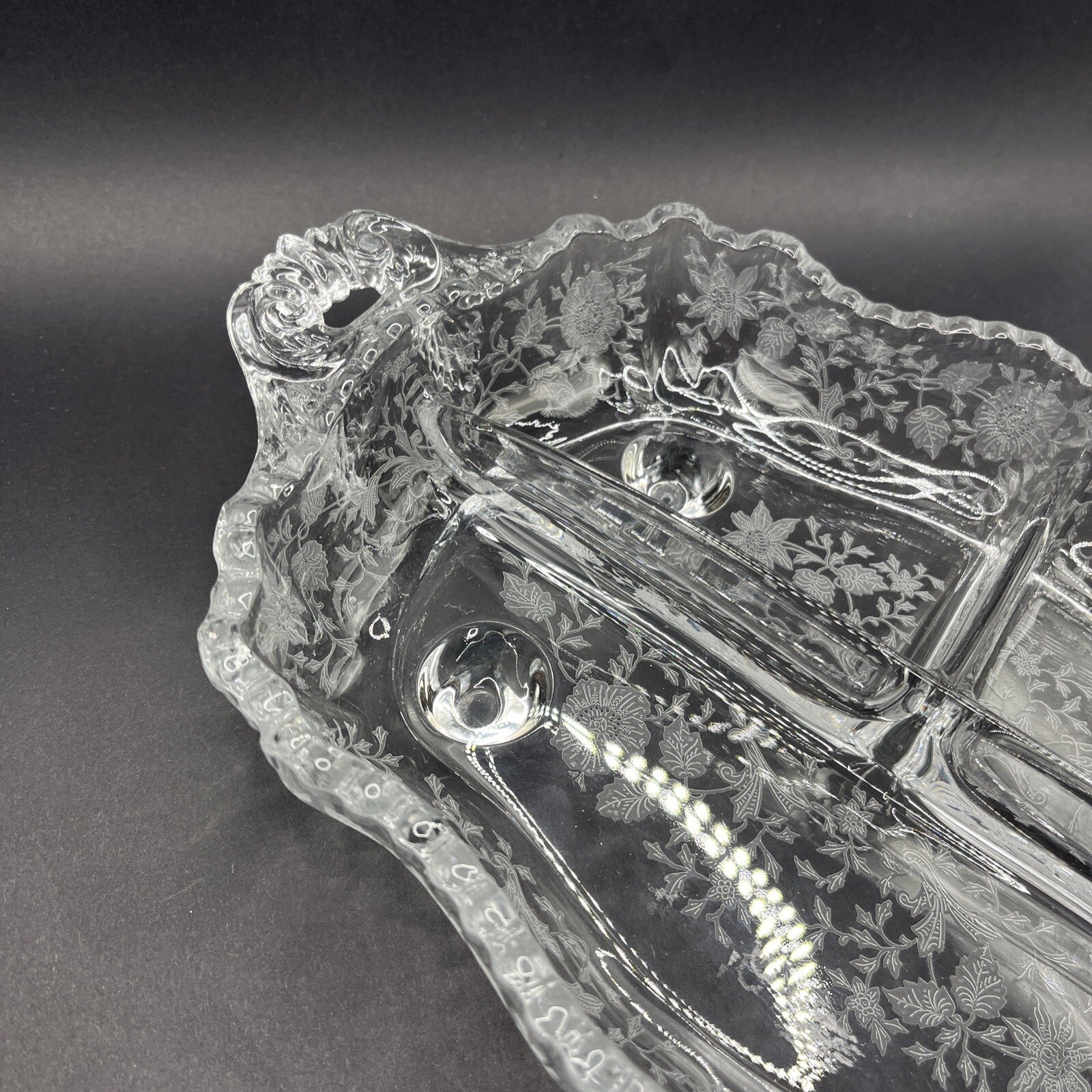 Cambridge Glass Clear 4 Toed 3 Part Relish Dish WILDFLOWER Etched