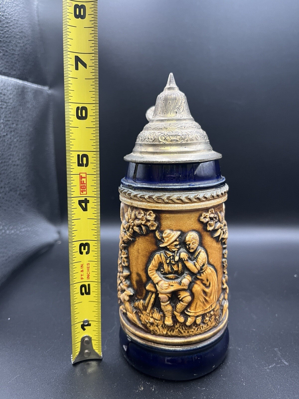 Vintage GERZIT Gerz German Pewter Lidded Beer Stein, Cobolt Blue Glazed