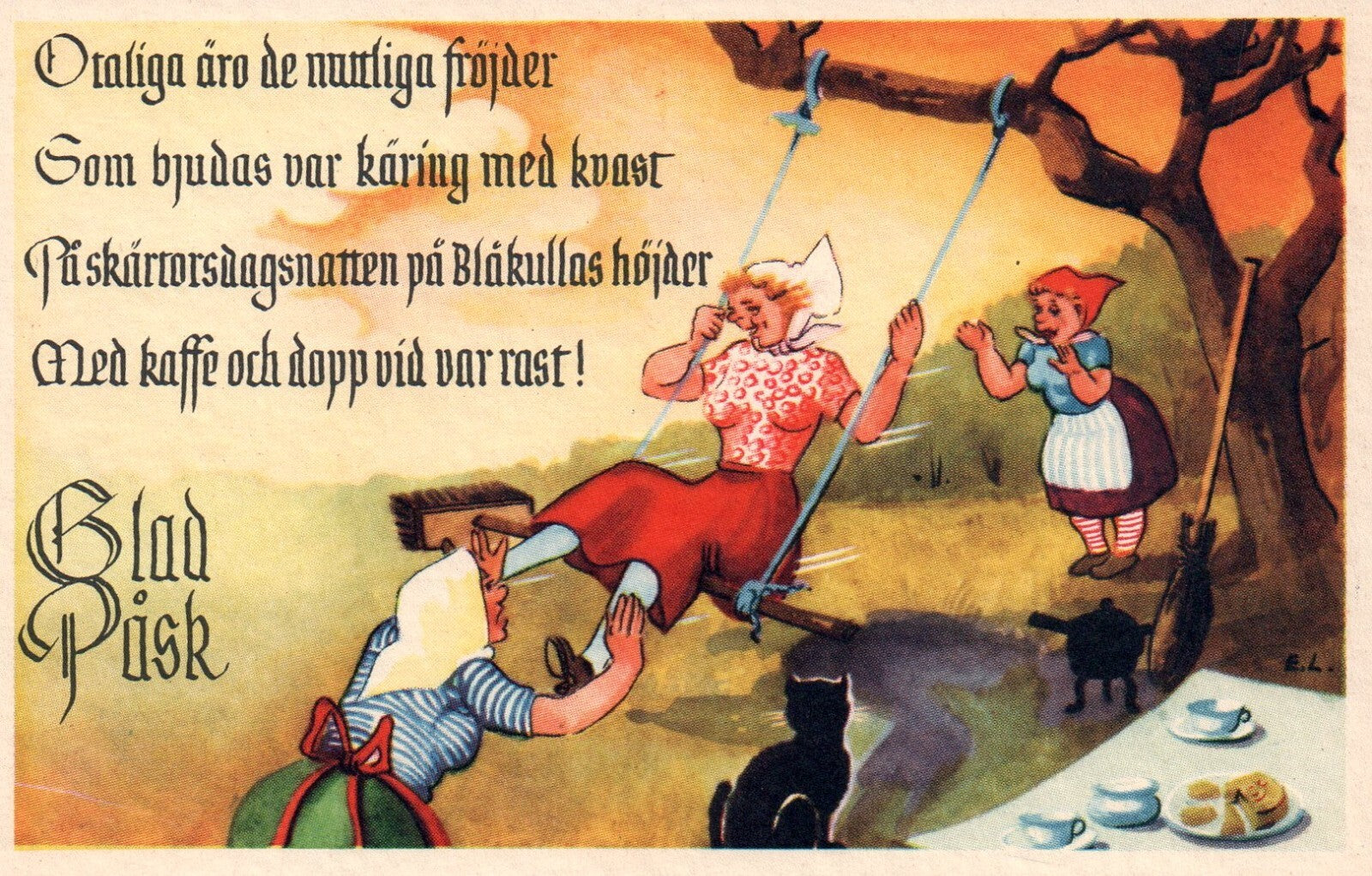 Glad Pask E L  Sweden Artist Girsl  Swing Cat Easter Postcard