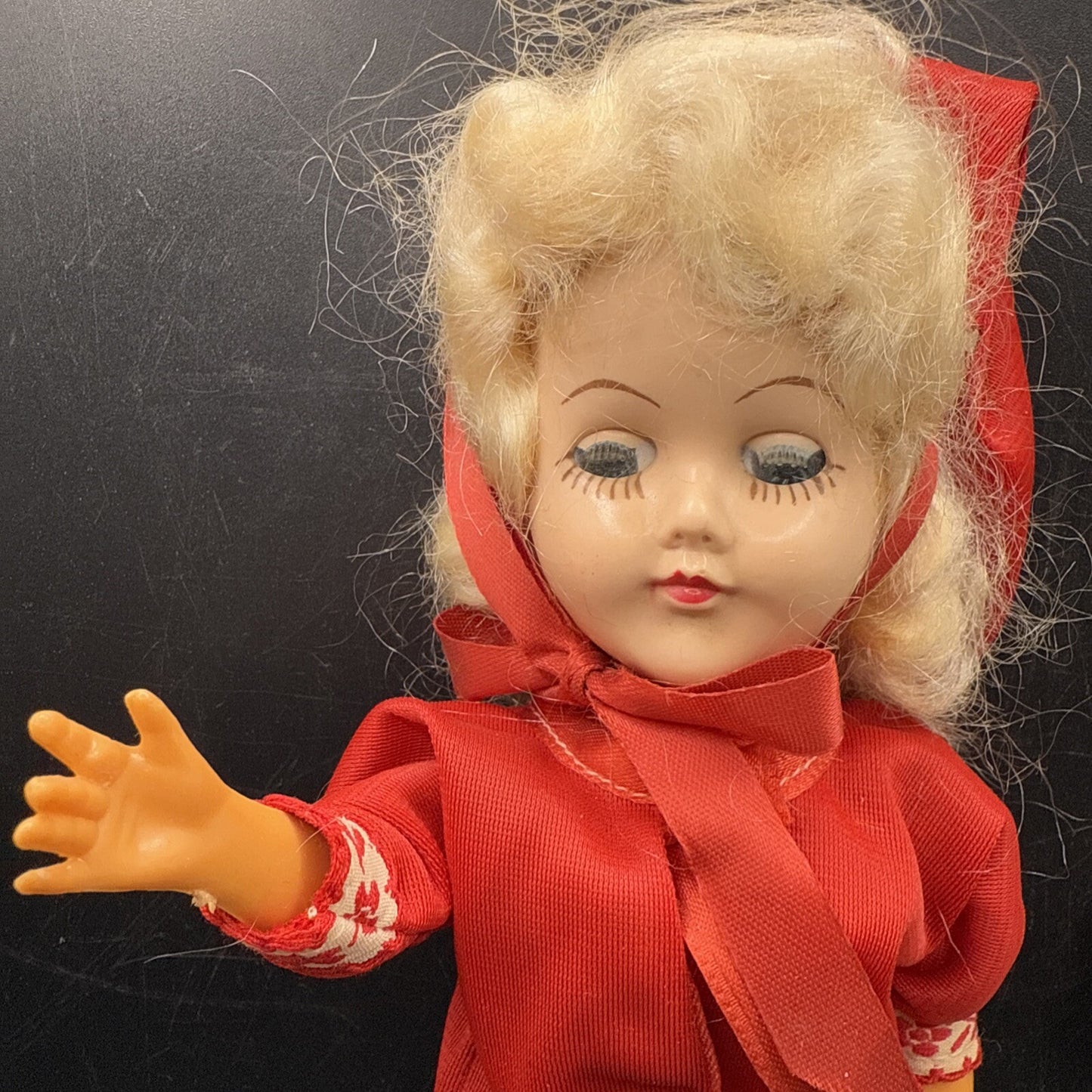 Vintage Doll red outfit stocking cap 12" Tall with Skis and polls