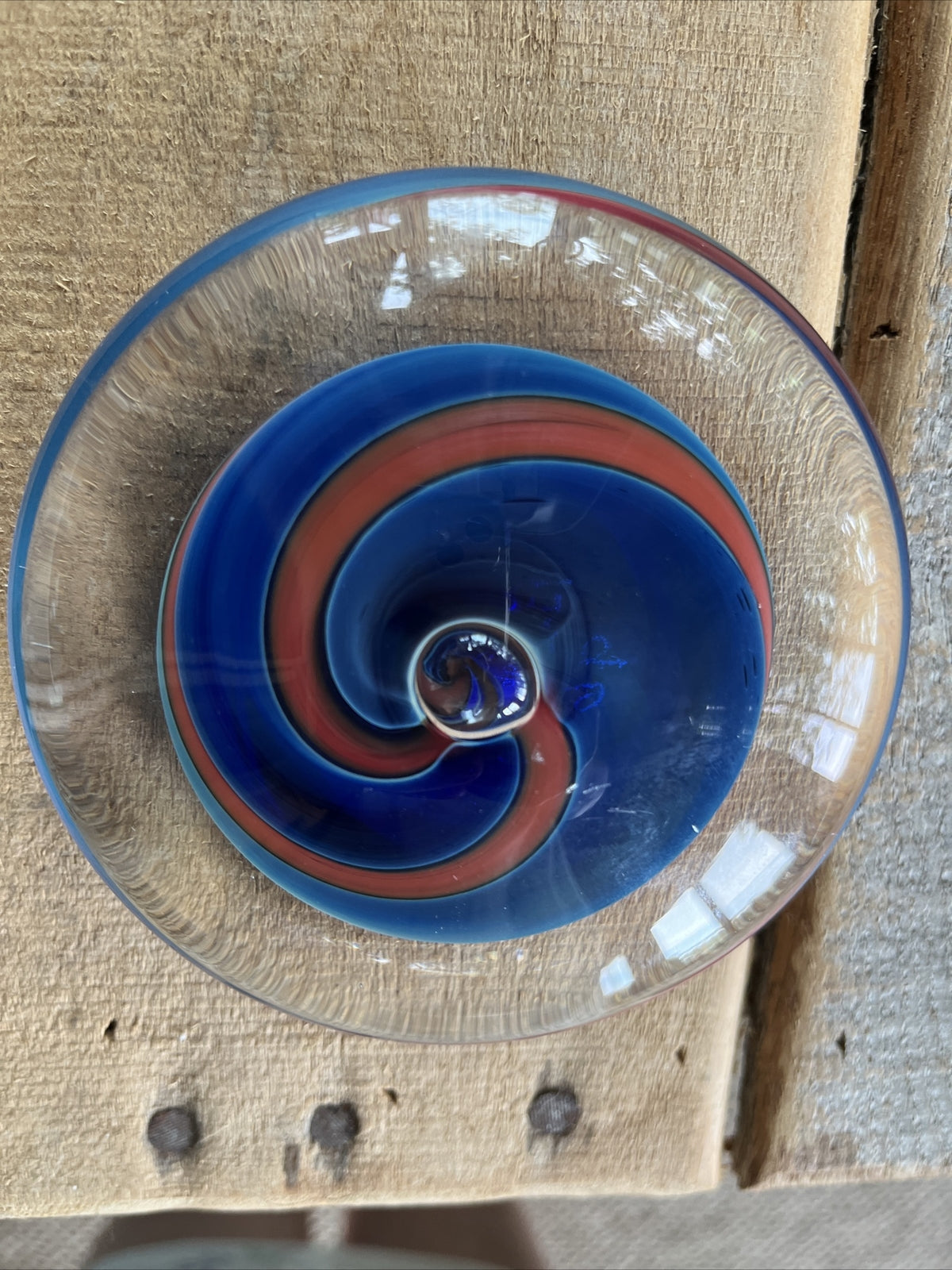 Robert Burch Glass Round Flat Multicolor Dome Center Bubble Paperweight Signed