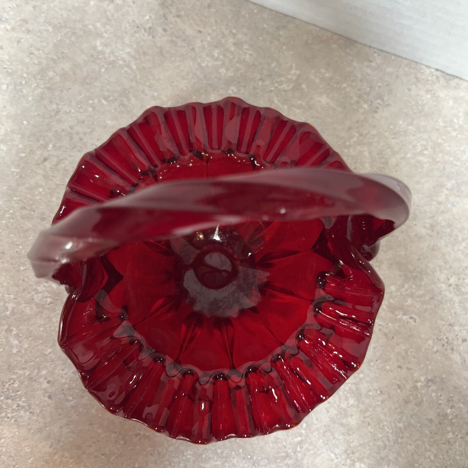 Vintage Fenton Ruby Red Smooth Glass Basket Ruffled Edges Twisted Handle