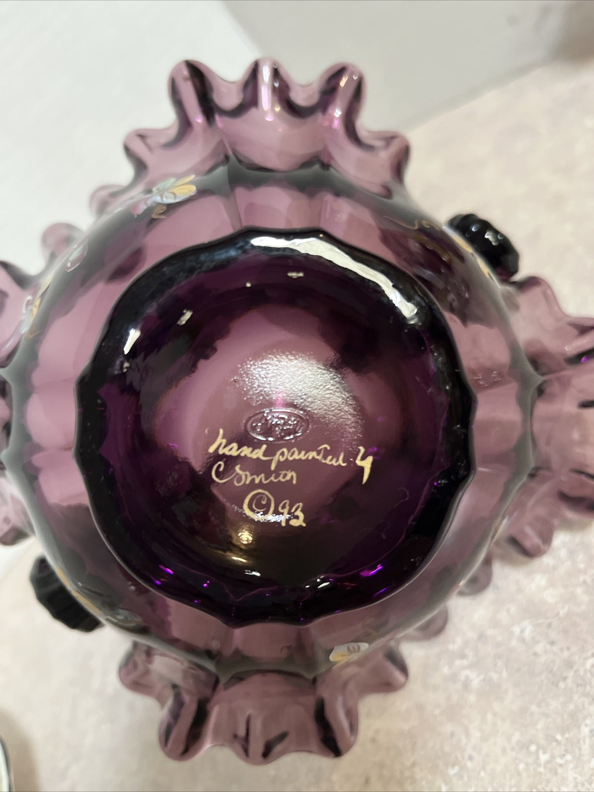 Fenton Art Glass Ruffled Purple Basket With Twisted Handle & signed