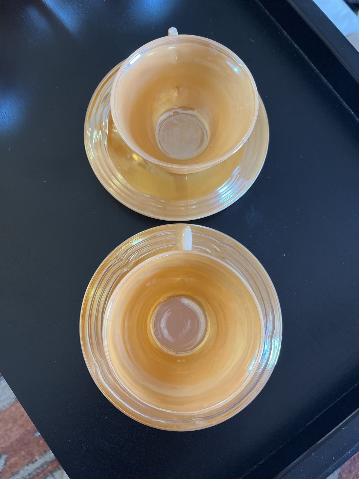 2 Vintage Fire King Oven Ware Peach Lustre Cup & Saucer USA 3 Sets Available