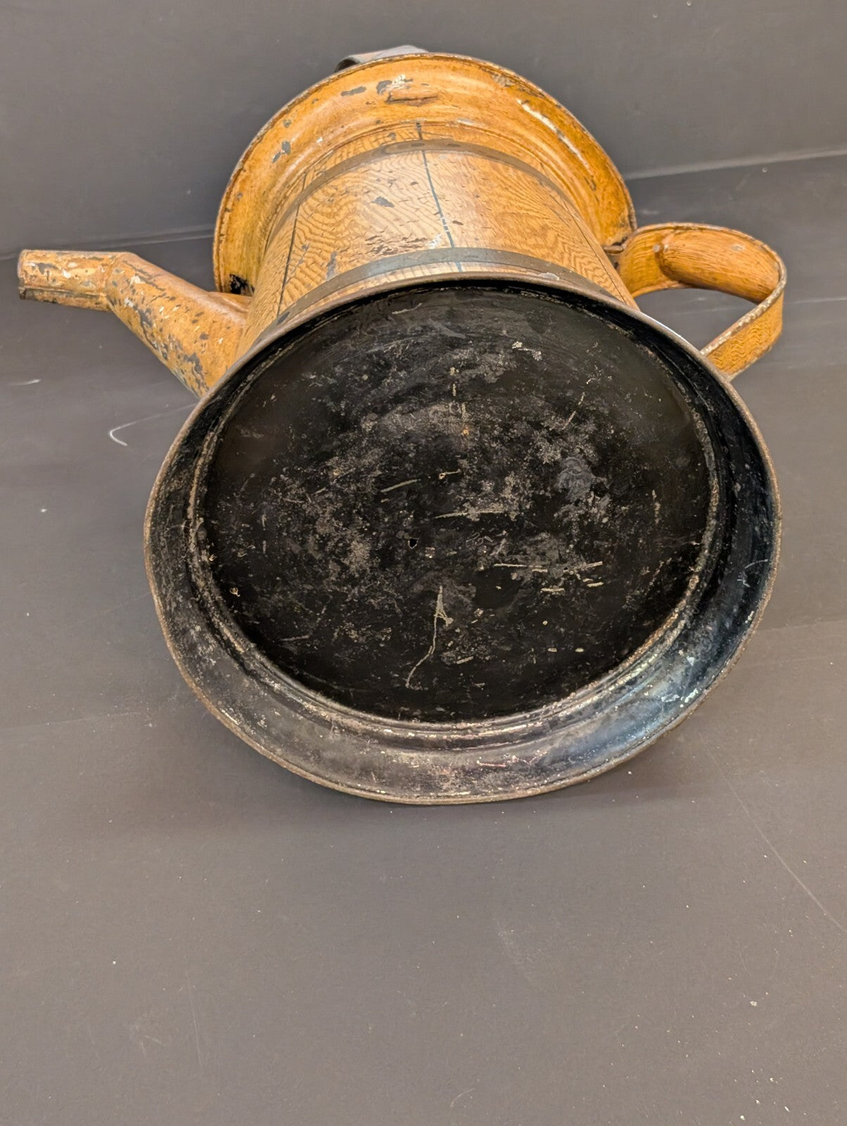 Antique Painted Tin Toleware Water Pitcher & Bowl Wash Basin Wood Grain yellow