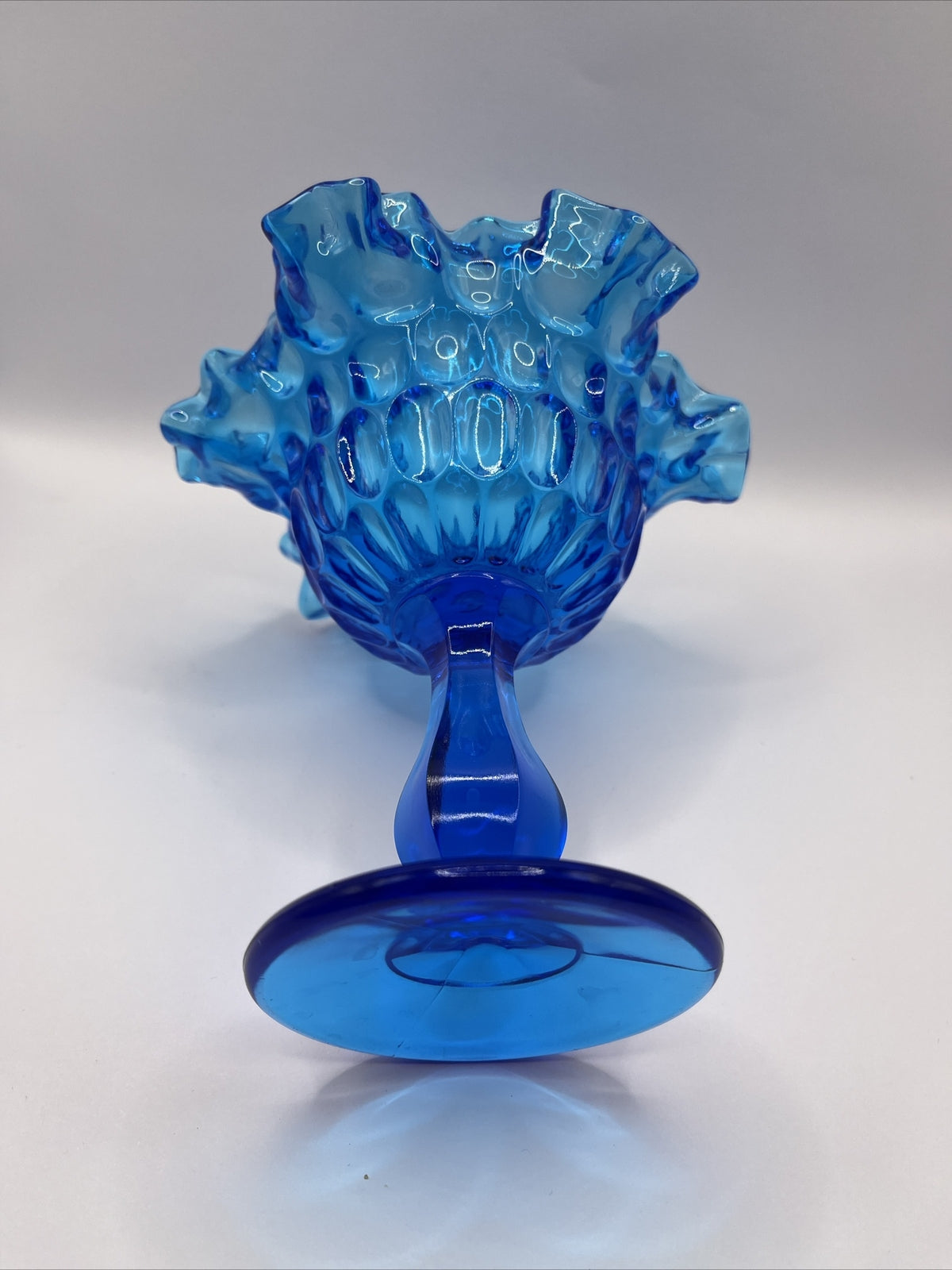 Vintage Fenton Art Glass Thumbprint Ruffled Pedestal Dish Colonial Blue