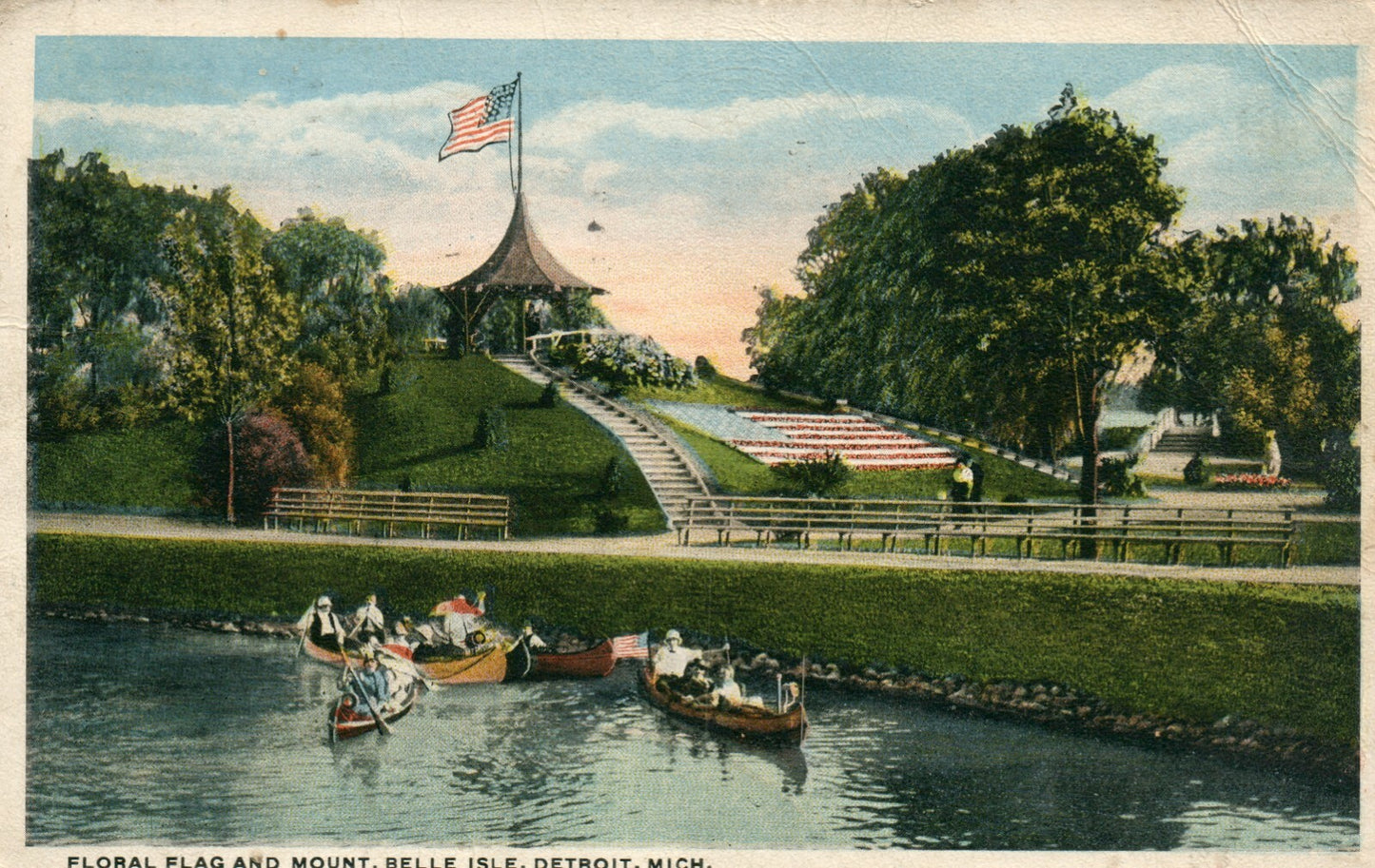 Floral Flag Mount Belle Isle Detroit  MI Michigan Postcard