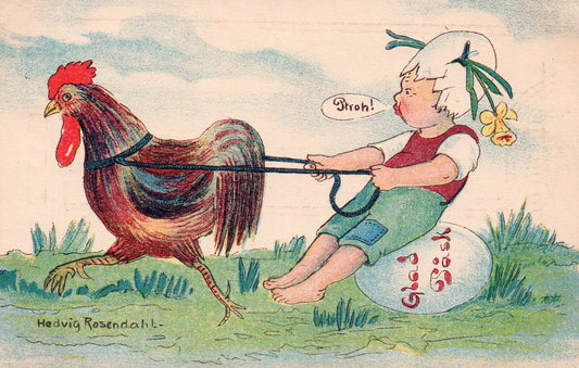 Glad Pask Hedvig Rosendahl Sweden Artist  Girl Rooster Easter Postcard