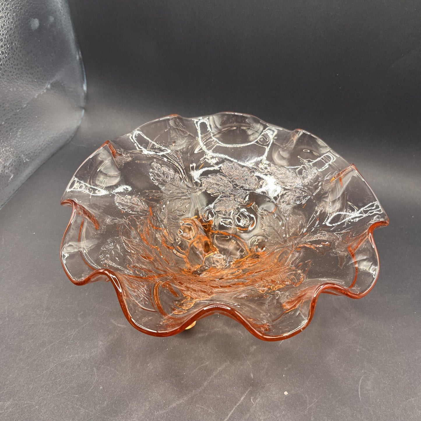 Pink Depression Glass Candy Serving Bowl Footed Cherries Leaves Ruffled Edge