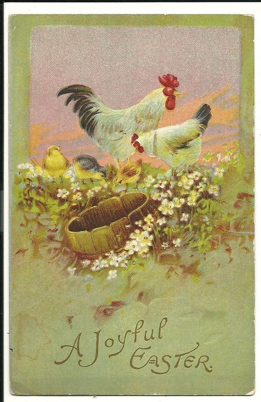 A Joyful Easter Hens Chickens Rooster by barrel  Postcard
