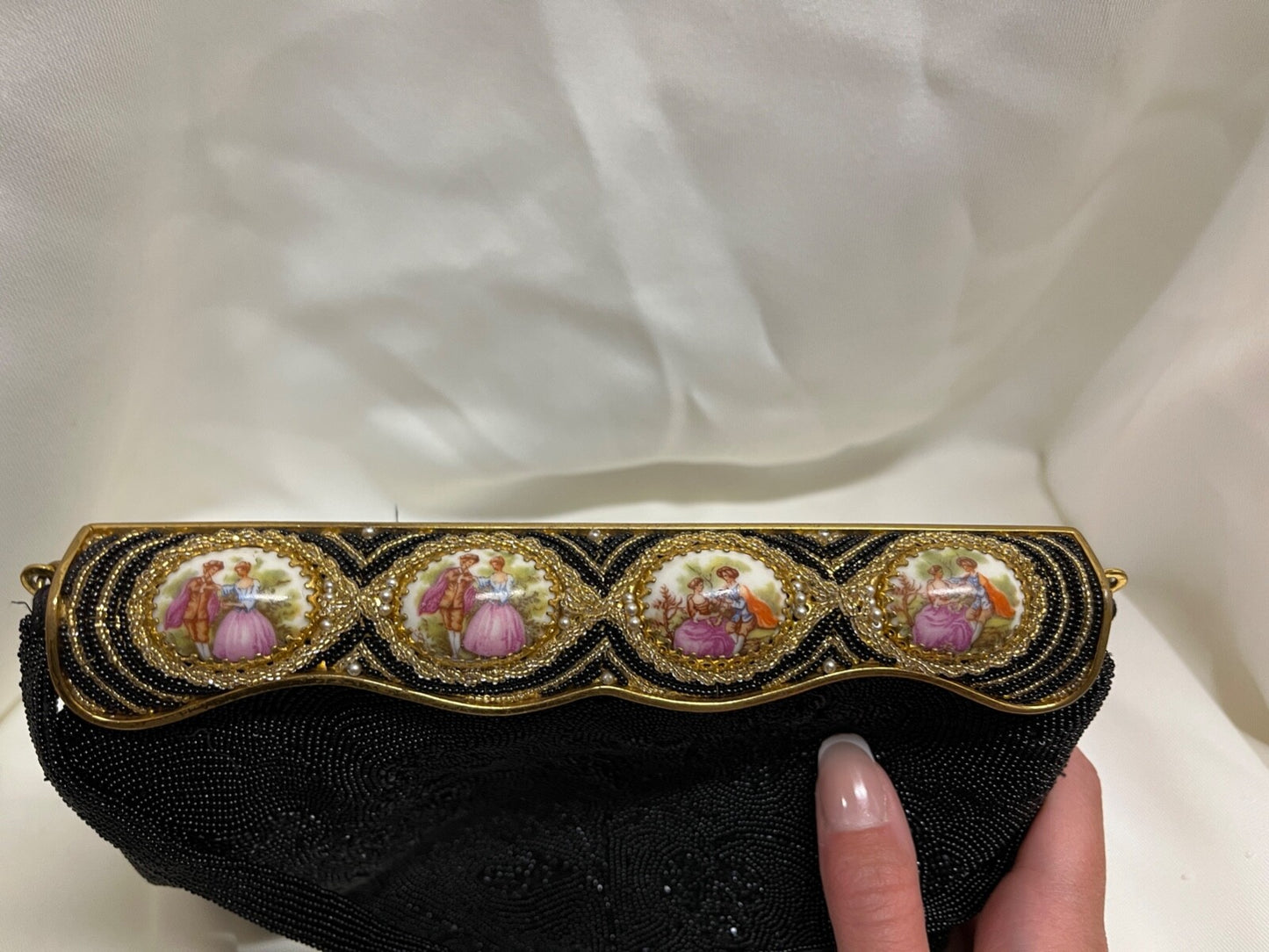 Hand beaded French Walborg 1940s/50s Black evening purse with Cameo inset