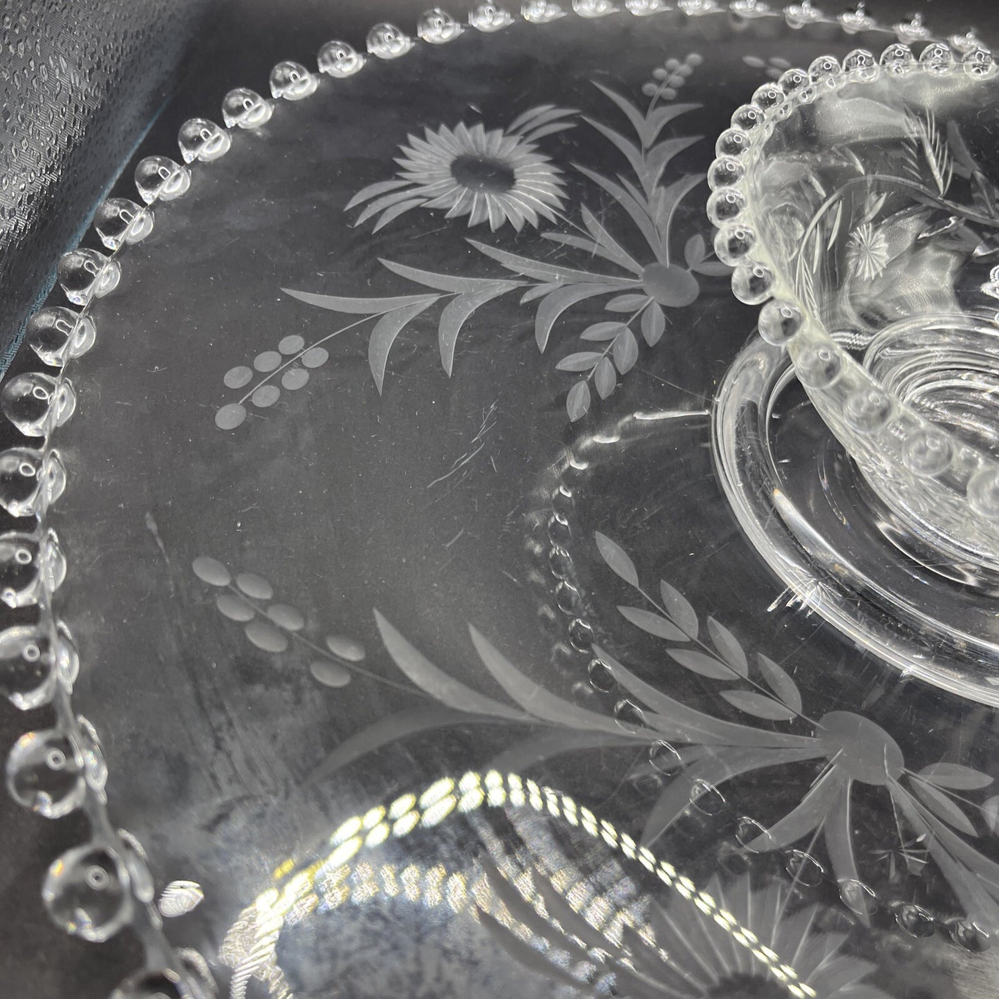 Vintage Crystal Etched Candlewick  Serving Platter Tray w Bowl, 14 In Flowers