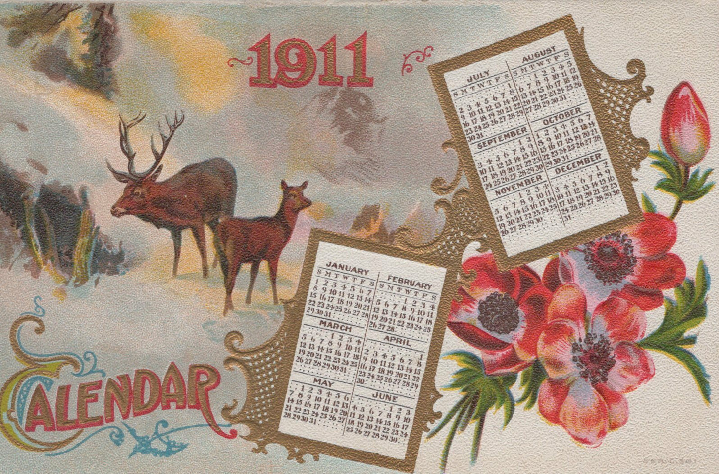 New Year Calendar 1911 Two Elk in Snow Red Flowers Gold Gilt Postcard Series 301
