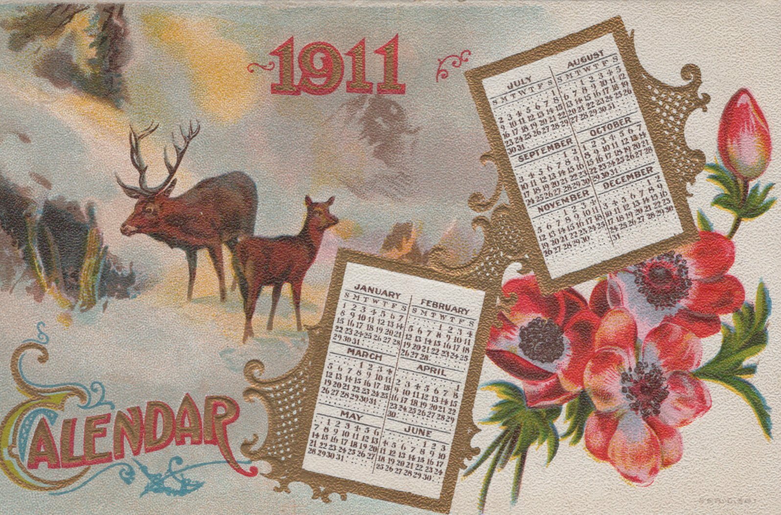 New Year Calendar 1911 Two Elk in Snow Red Flowers Gold Gilt Postcard Series 301