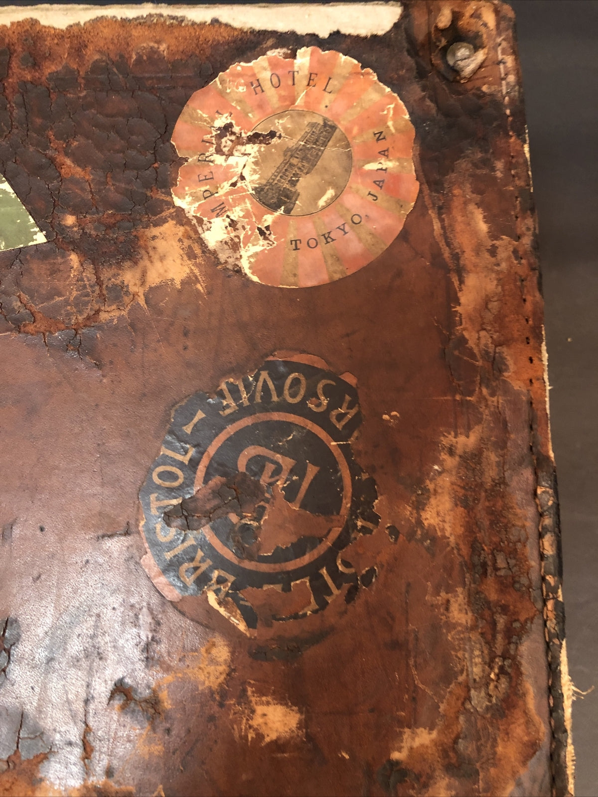 Antique Leather Hat Box silk lined International Hotel stamps stickers Japan