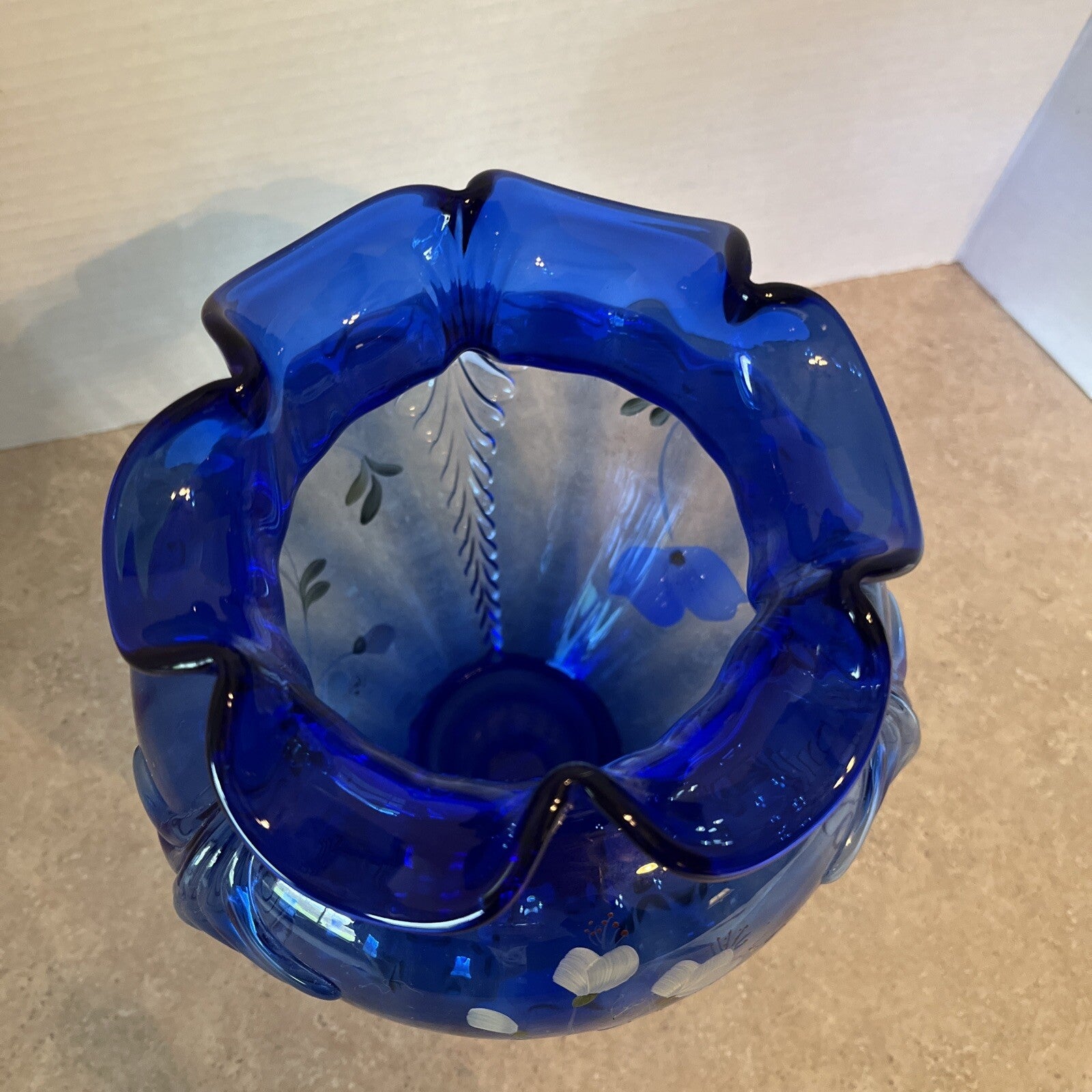 Fenton Glass Cobalt Blue Feathered Belly Vase Signed Shelly Fenton Hand Painted