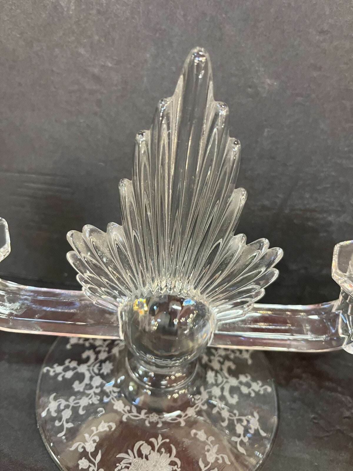 VTG art deco FOSTORIA double flame lido CRYSTAL Candleholder w/etched base (2)