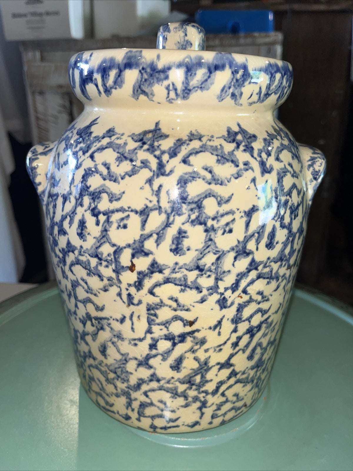 Robinson Ransbottom BLUE Sponge ware 4 Qt  LIDDED CANISTER Roseville USA