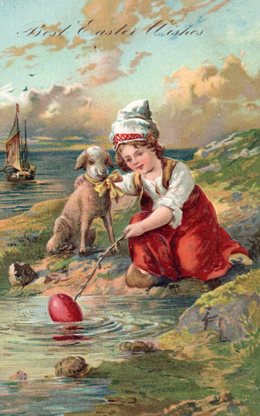 Best Easter Wishes Little Girl with Lamb and Easter Egg Vintage Easter Postcard