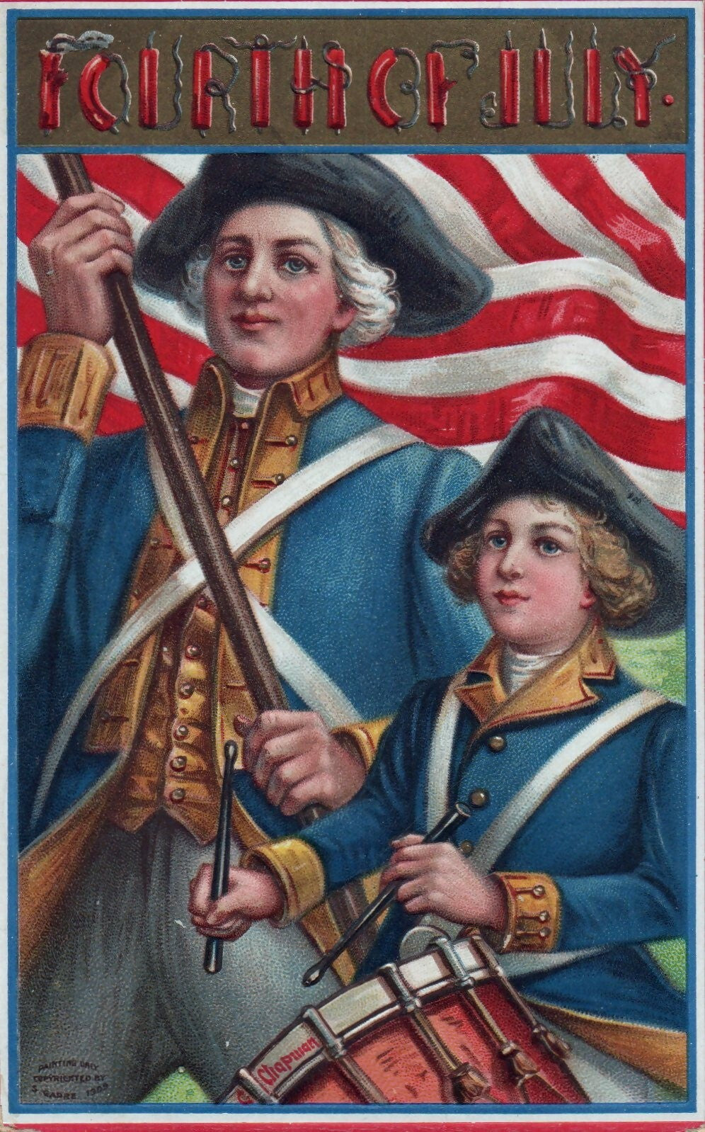 Forth of July Colonial Man with Gun and Drummer Boy Vintage Patriotic Postcard