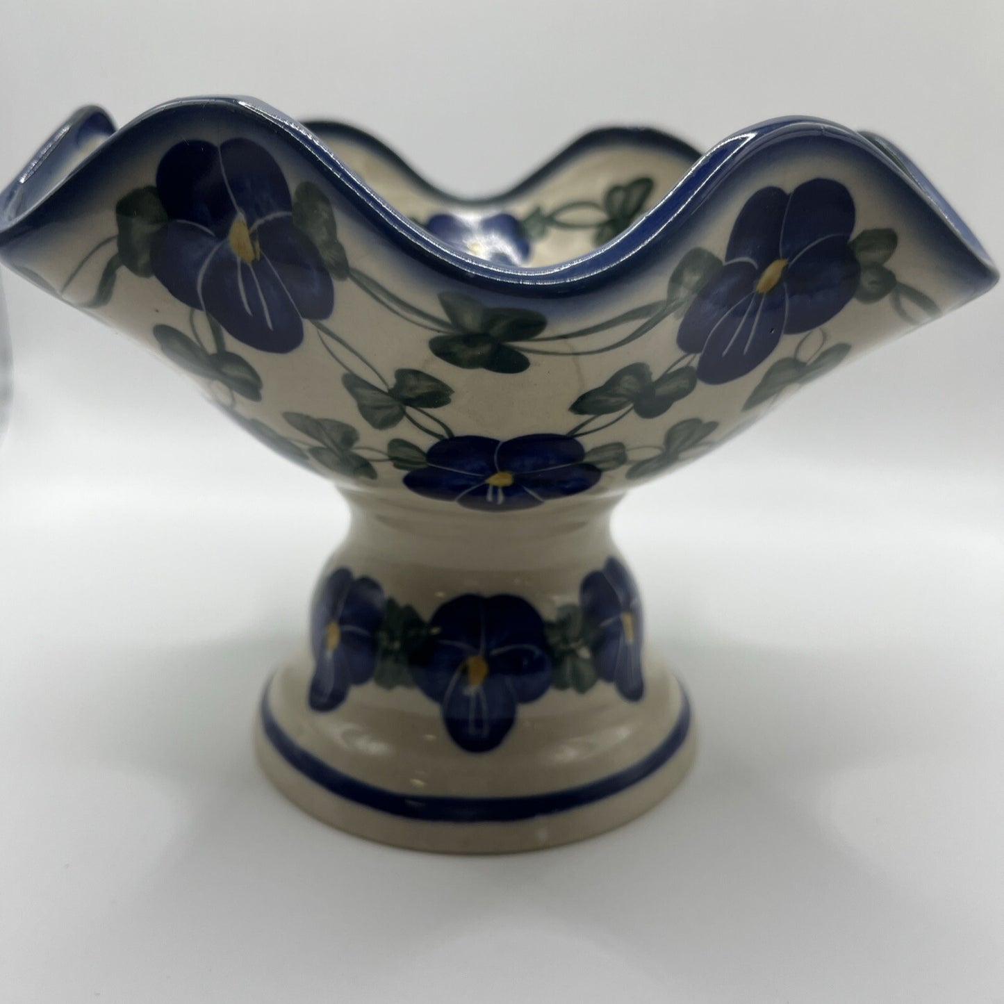 Polish Pottery Bowl With Pedestal Unikat Hand Painted Fluted Fruit Candy Dish