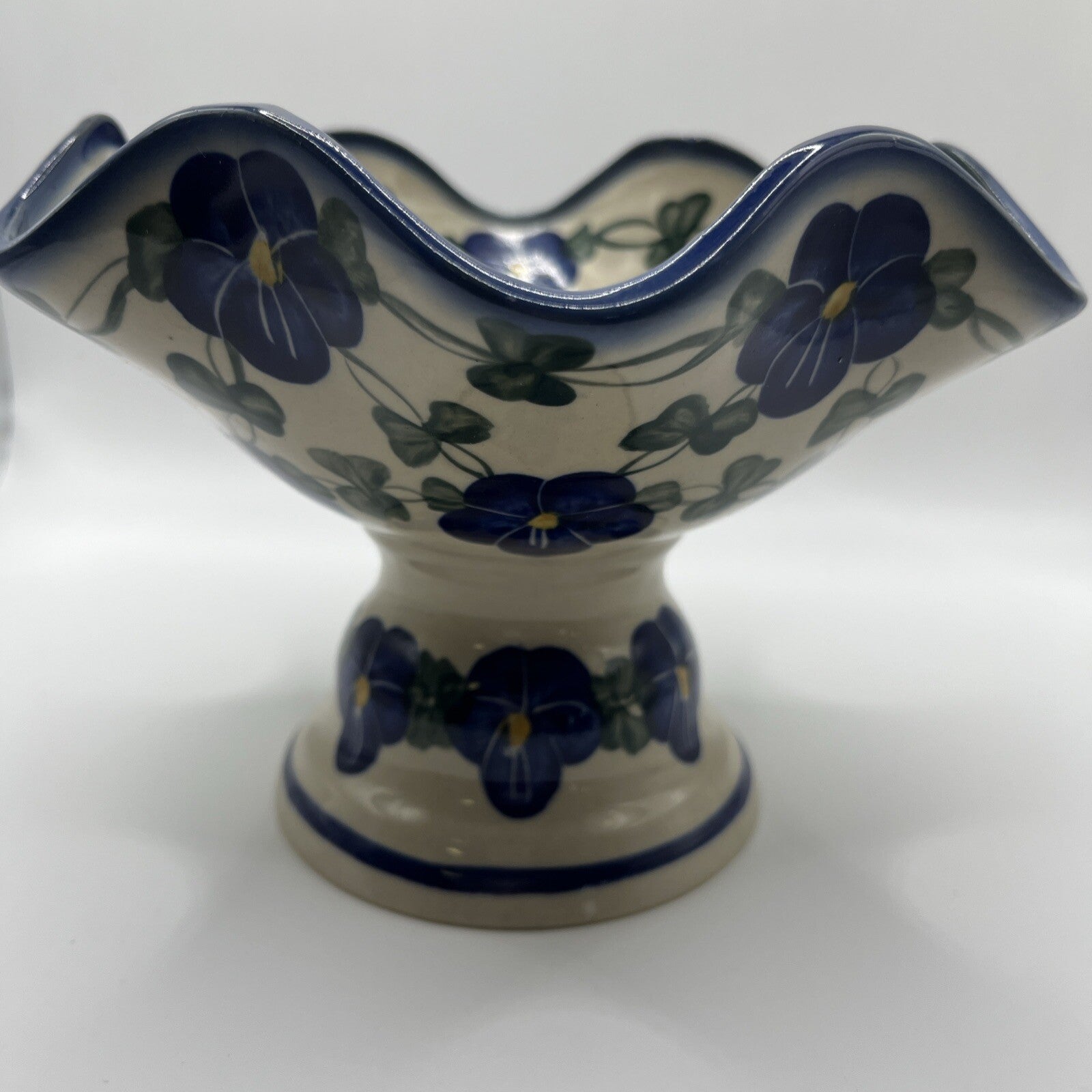 Polish Pottery Bowl With Pedestal Unikat Hand Painted Fluted Fruit Candy Dish