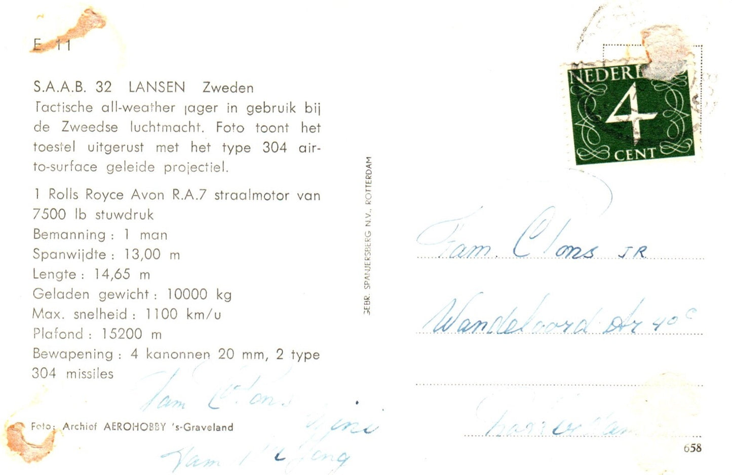 Saab 32 Lansen Zweden Airplane Postcard