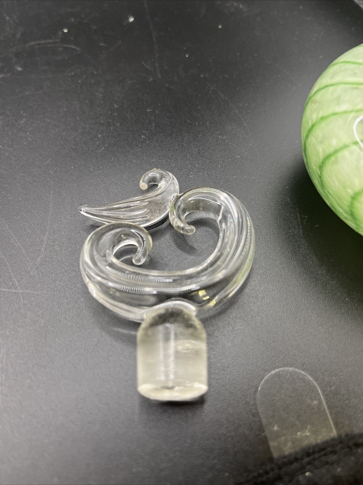 Art Glass Satin Blown Swirl Drape Motif Perfume Bottle Green Clear Stopper Vtg