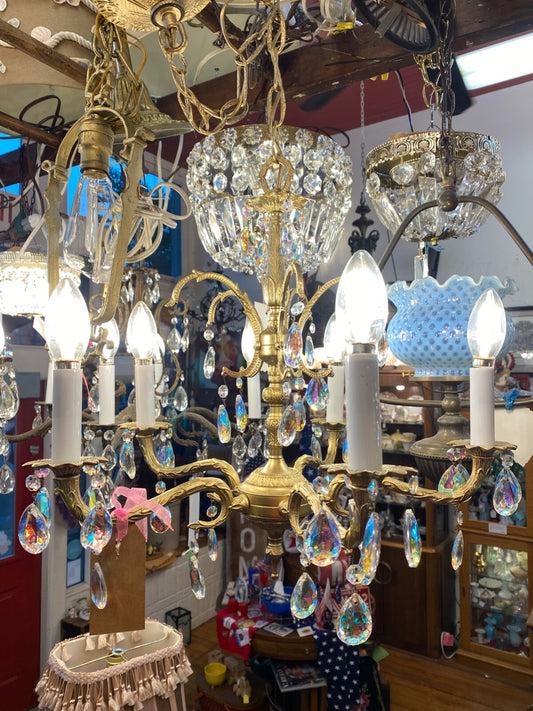 Gold 5-arm/light chandelier with iridescent crystals