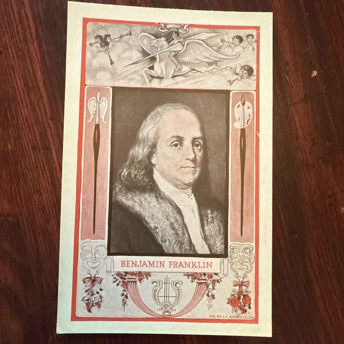 Benjamin Franklin J I Austen Postcard PEGASUS Arts Theater Writing 1910's Scarce