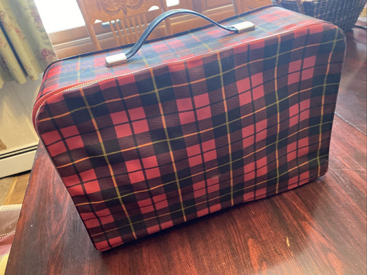 Vintage Barbie Black Red Plaid Suitcase Plastic / Vinyl 14 x 9 x 4.5"