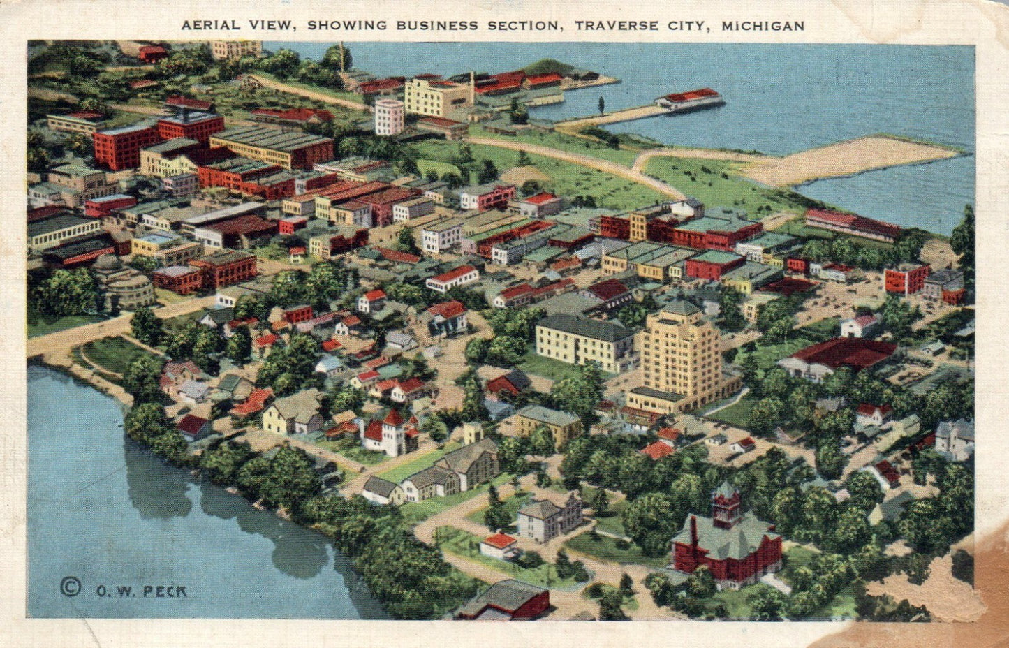 Aerial View, Showing Business Section, Traverse City Michigan MI Postcard 