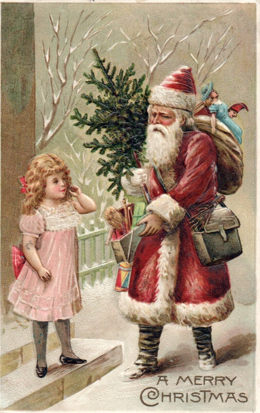 A Merry Christmas Santa Gifting Little Girl Her Toys Vintage Santa Postcard