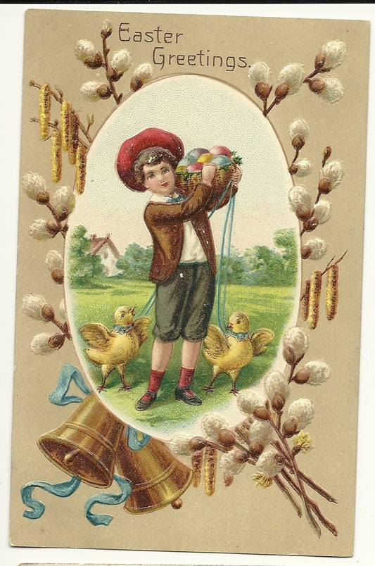 Quality Embossed vintage postcard with chicks basket of colored eggs