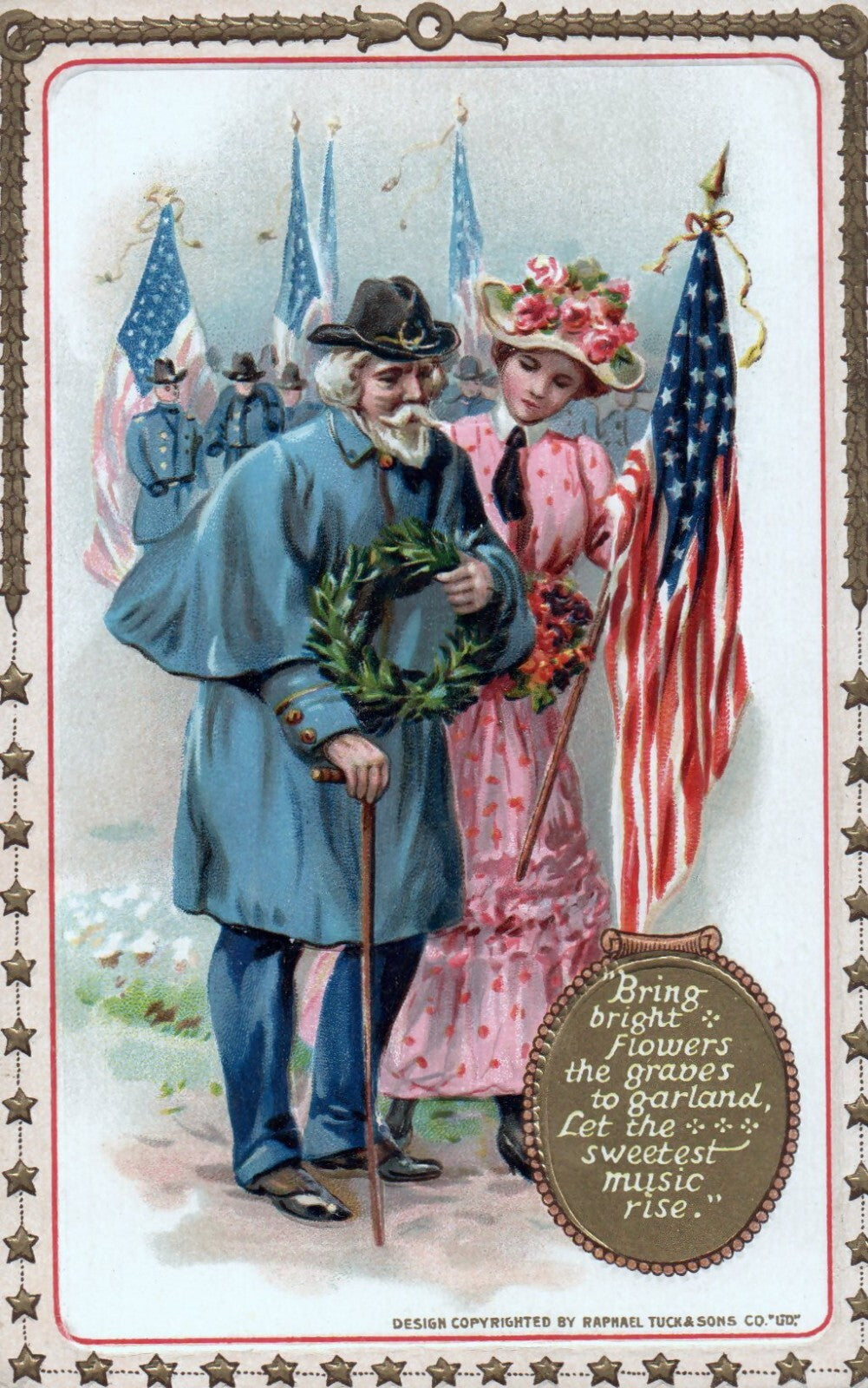 RARE Man and Woman Bringing Flowers and Garland to Grave Tuck Patriotic Postcard