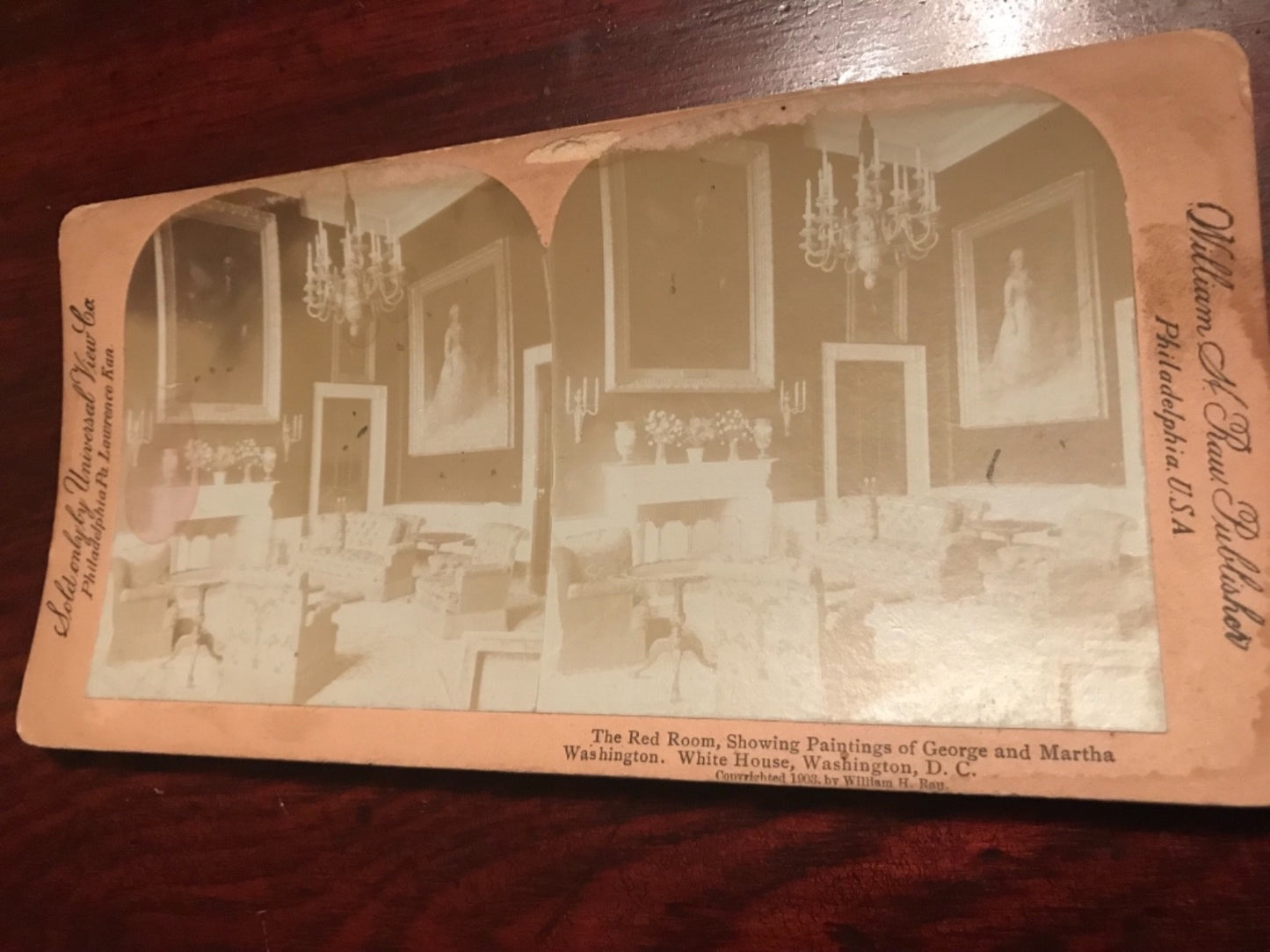 Real photo stereoview The Red room George Martha Washington White House DC