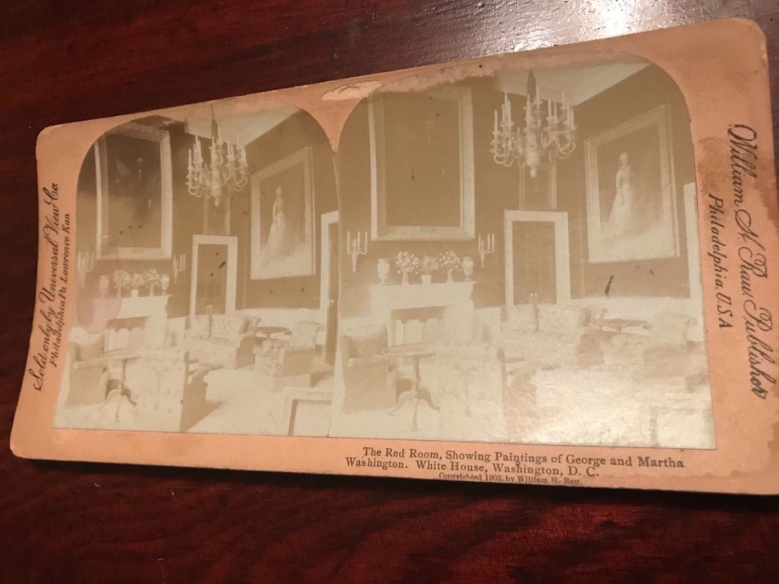 Real photo stereoview The Red room George Martha Washington White House DC